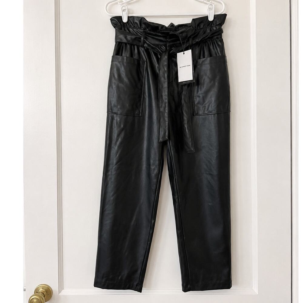Who What Wear Black Faux Leather Paperbag Waist Pants Size 8 NWT Belted